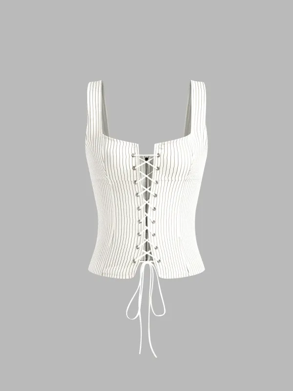 Pinstripe Drawstring & Zipper Tank Top sold by COMMENSE