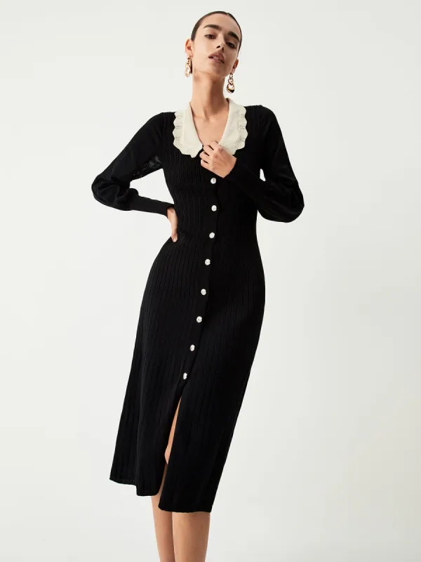 Contrast Eyelet Collar Long Sleeve Midi Sweater Dress sold by COMMENSE