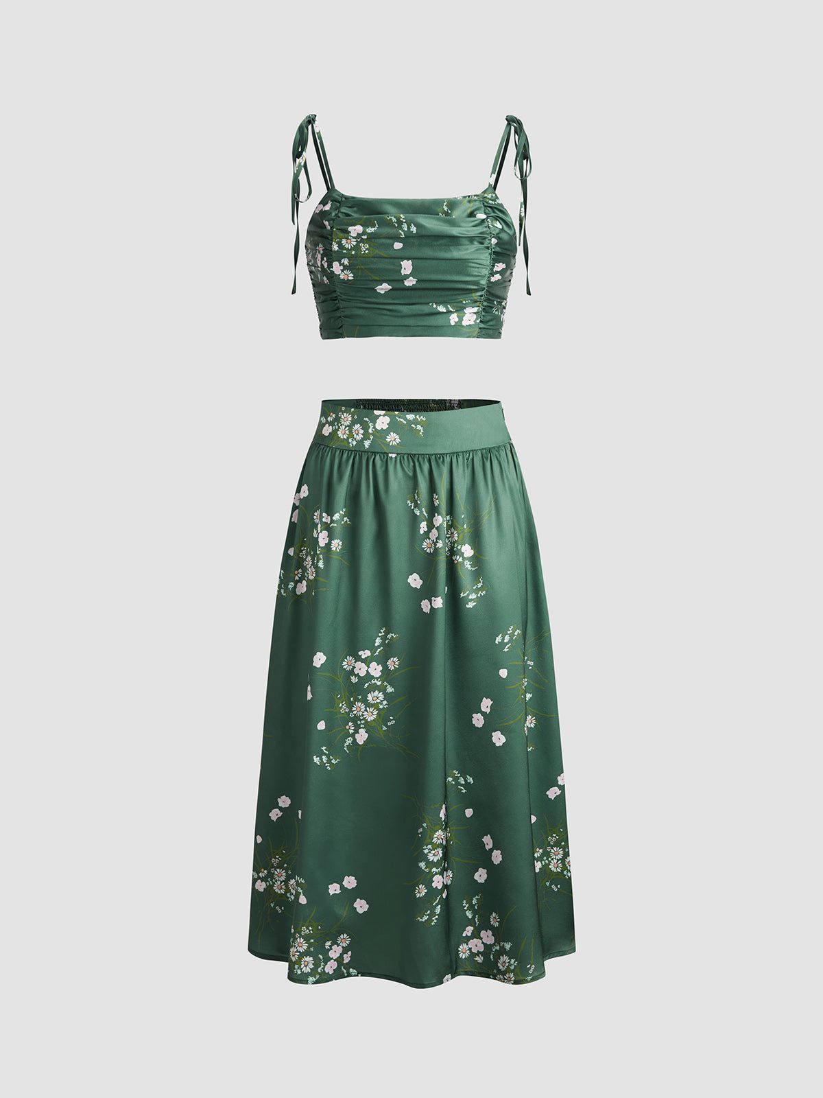 Emerald Green Floral Satin Two Piece Matching Set sold by COMMENSE