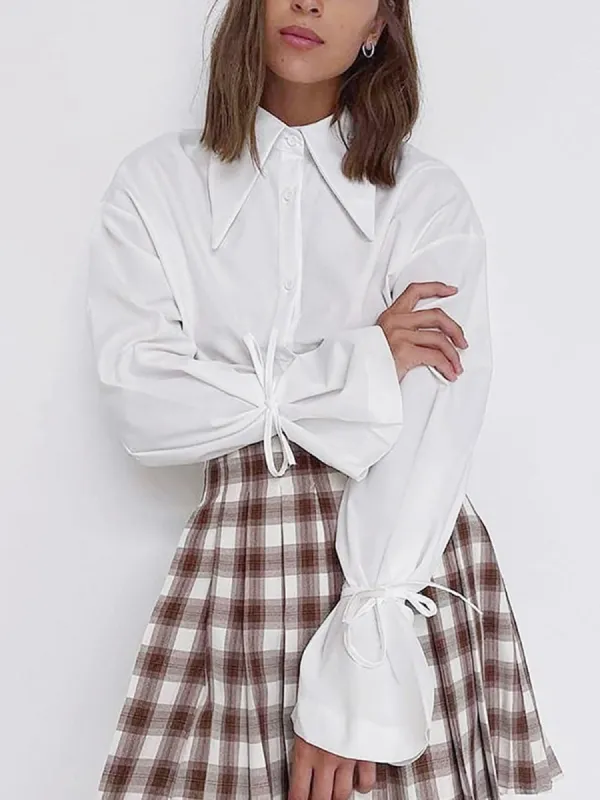 Solid Collar Tied Long Sleeve Button Down Shirt sold by COMMENSE