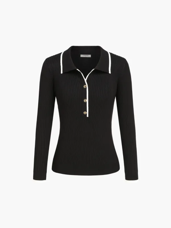 Contrast Trim Open Collar Long Sleeve Knit Top sold by COMMENSE