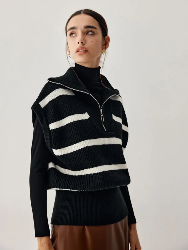 Stripe Open Collar Half Zip Vest sold by COMMENSE