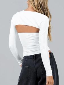 Solid Low Cut Long Sleeve Cut Out Top sold by COMMENSE