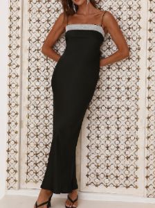 Rhinestone Trim Satin Midi Dress sold by COMMENSE