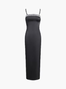 Rhinestone Trim Satin Midi Dress sold by COMMENSE