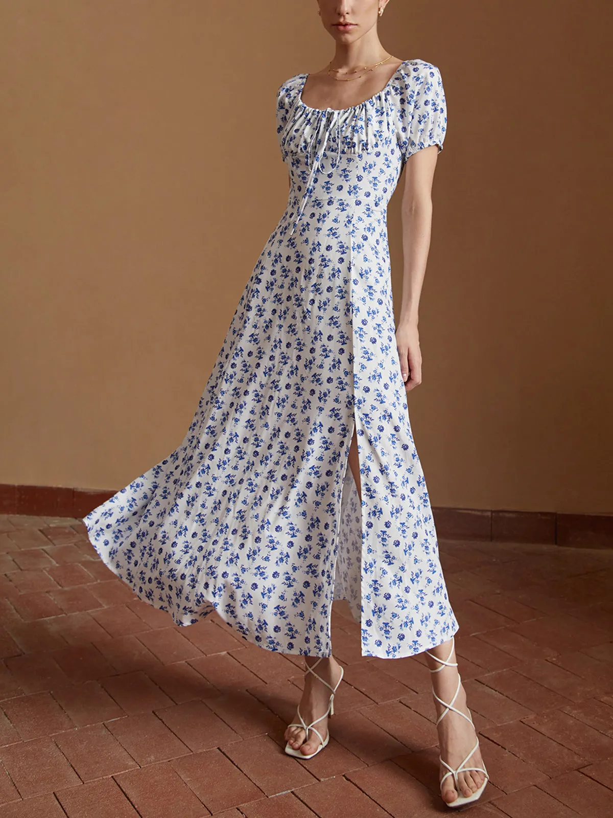Floral Knotted Split Long Dress sold by COMMENSE