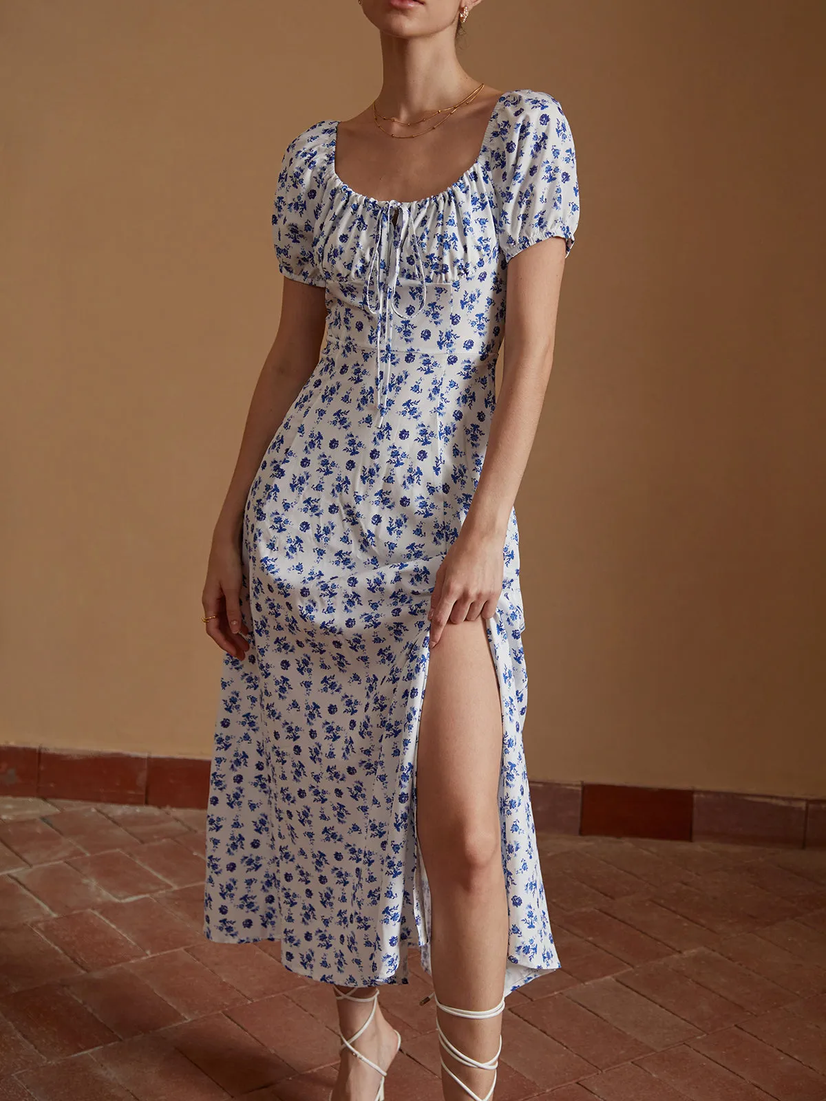 Floral Knotted Split Long Dress sold by COMMENSE product image thumbnail 5