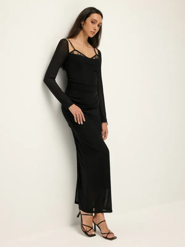 Lace Trim Pleated Split Mesh Dress sold by COMMENSE