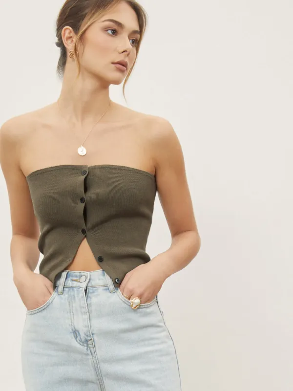 Button Down Knit Crop Strapeless Tube Top sold by COMMENSE