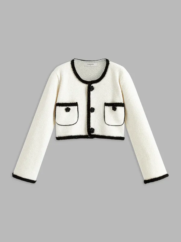 Contrast Trim Flower Decor Cardigan sold by COMMENSE
