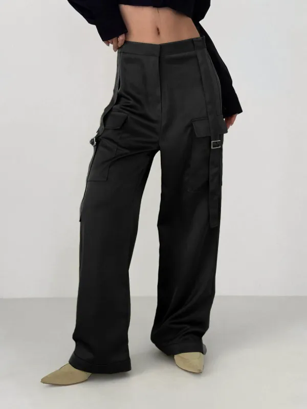 Live It Up Satin Cargo Parachute Pants made by COMMENSE