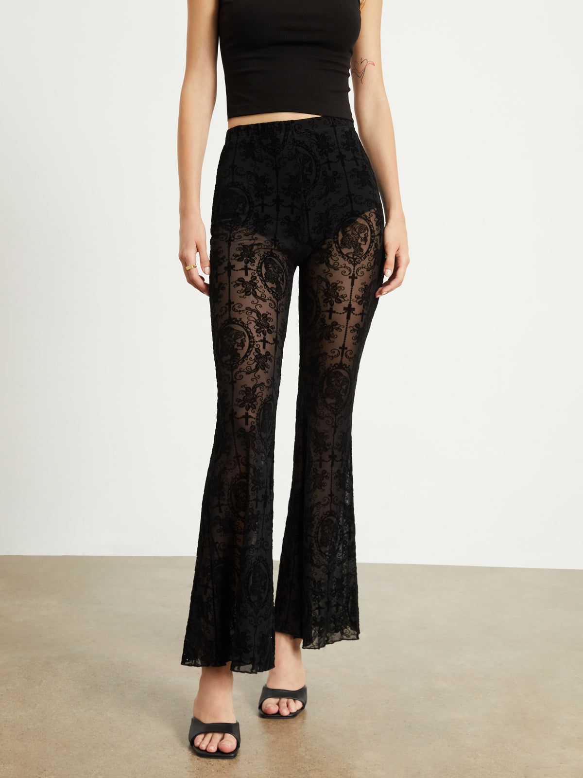 Floral Mesh Velvet Flare Pants sold by COMMENSE
