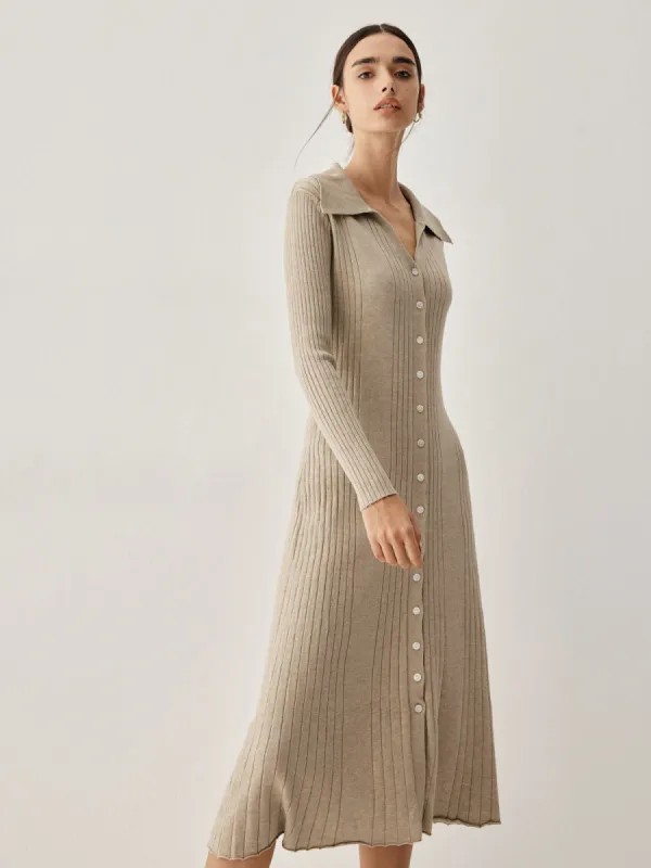 Open Collar Button Down Long Sleeve Midi Sweater Dress sold by COMMENSE