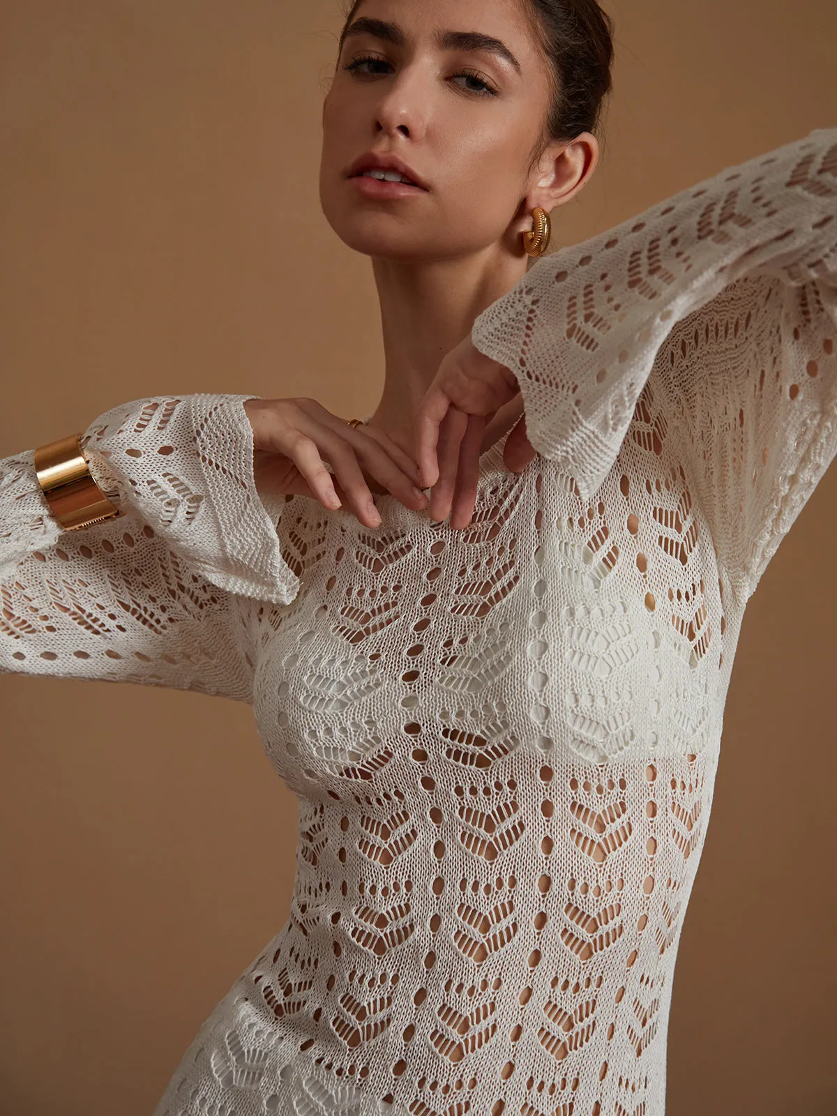 Crew Neck Eyelet Long Sleeve Sweater Short Dress sold by COMMENSE product image thumbnail 2