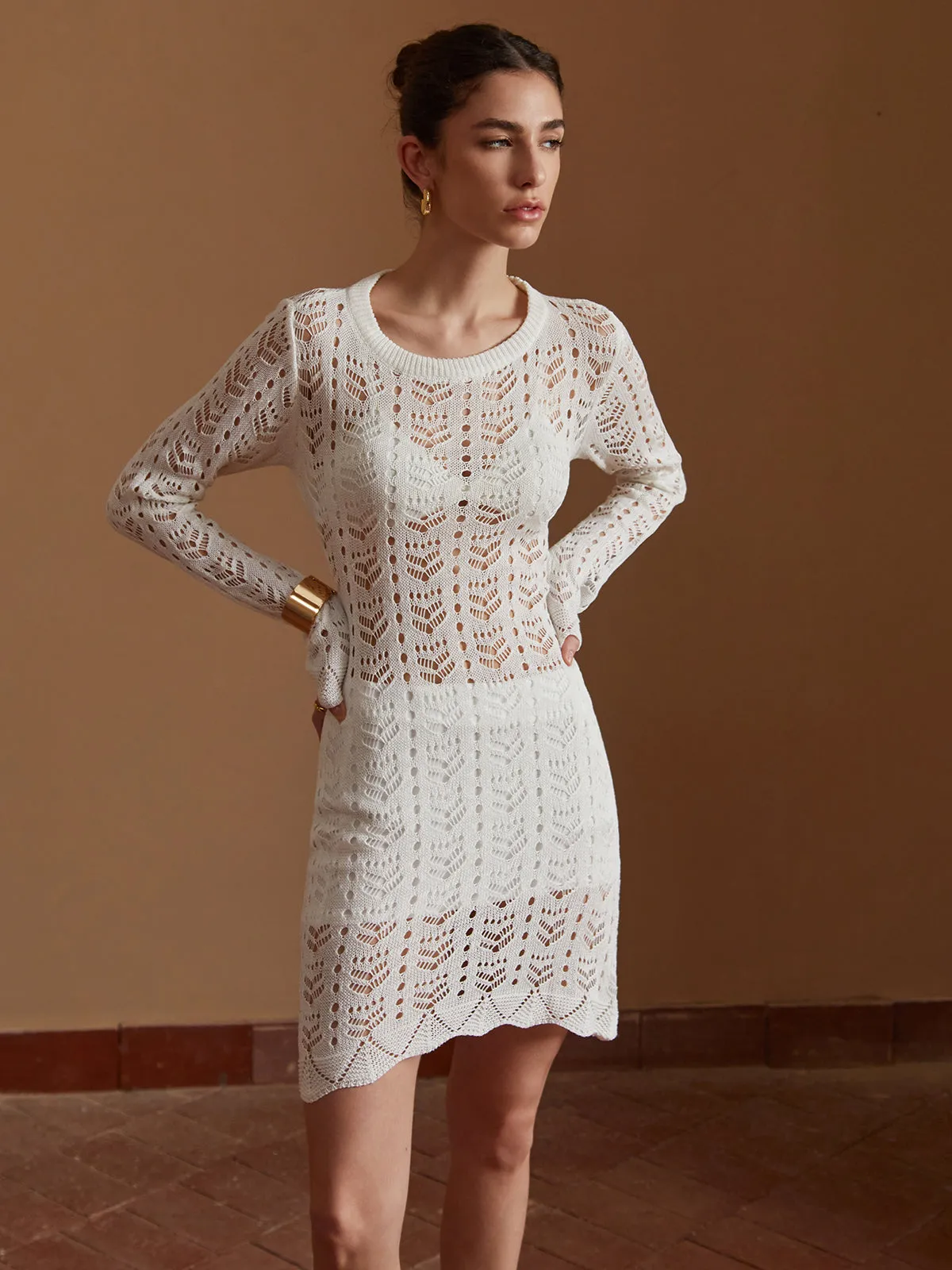 Crew Neck Eyelet Long Sleeve Sweater Short Dress sold by COMMENSE product image thumbnail 3