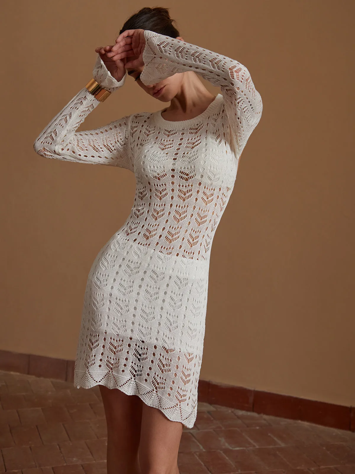 Crew Neck Eyelet Long Sleeve Sweater Short Dress sold by COMMENSE product image thumbnail 4