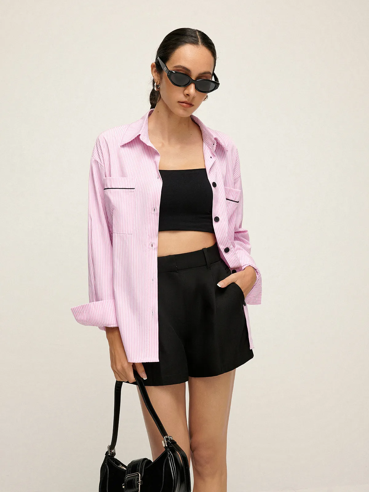 Contrast Trim Lapel Pinstripe Shirt sold by COMMENSE product image thumbnail 4