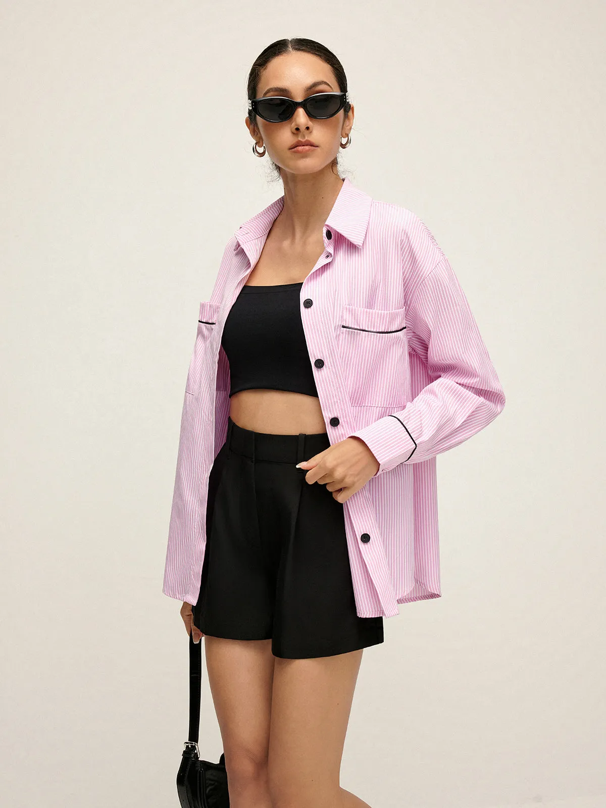 Contrast Trim Lapel Pinstripe Shirt sold by COMMENSE