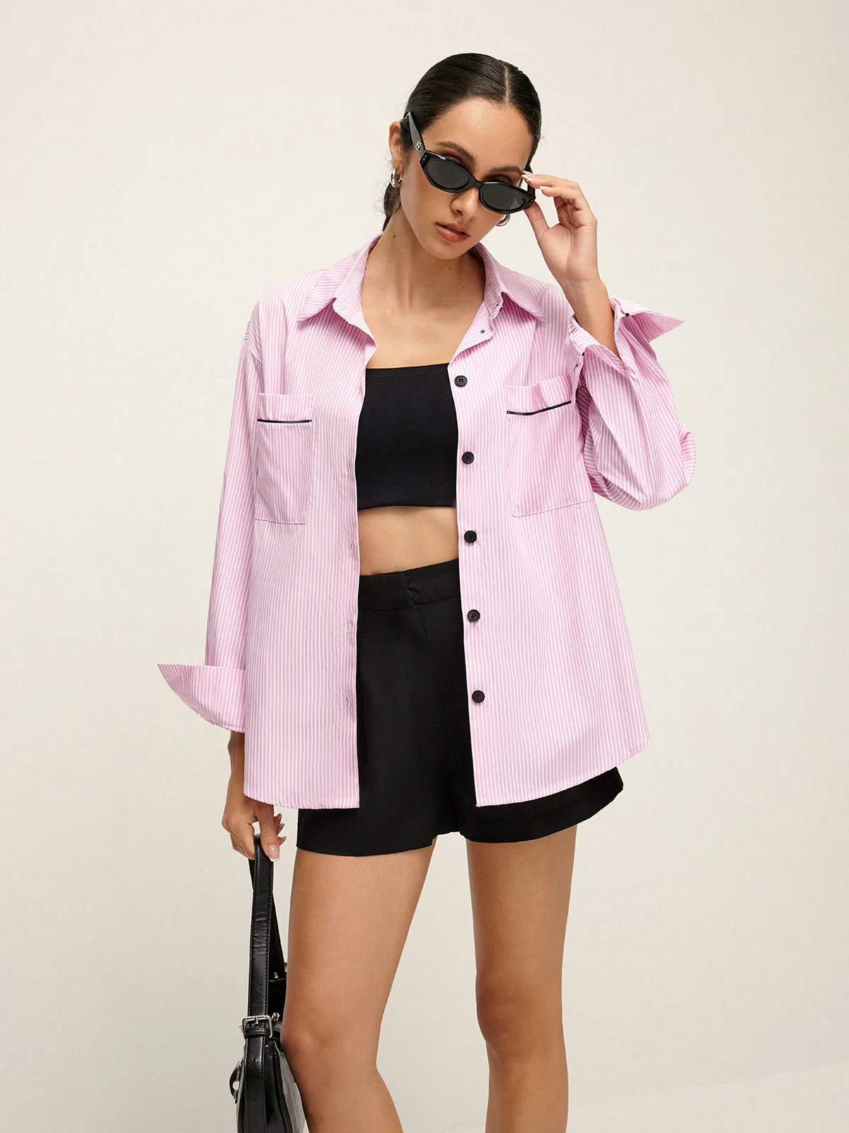 Contrast Trim Lapel Pinstripe Shirt sold by COMMENSE product image thumbnail 2