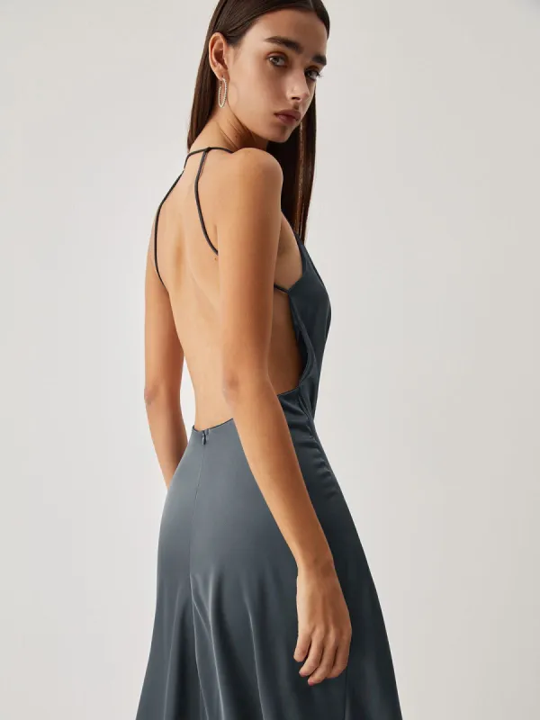 Open Back Cowl Neck Halter Satin Long Dress sold by COMMENSE