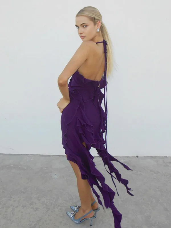 Asymmetric Ruffle Halter Midi Dress sold by COMMENSE