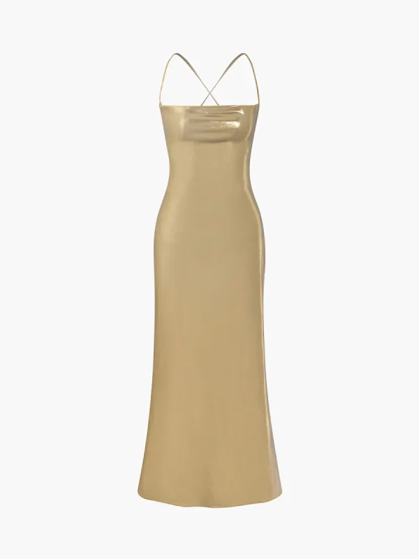 Metallic Leather Cowl Back Tie Midi Dress sold by COMMENSE