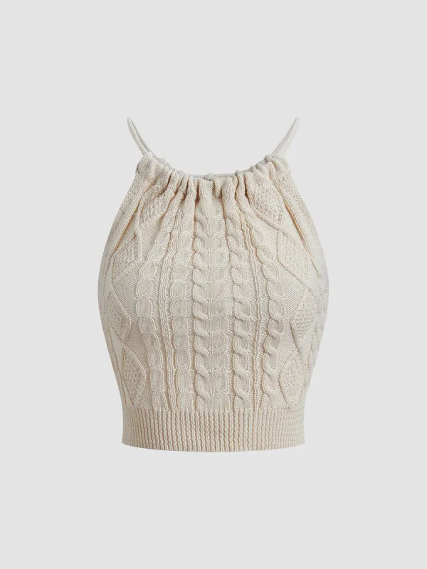 Drawstring Open Back Cable Knit Halter Crop Top sold by COMMENSE