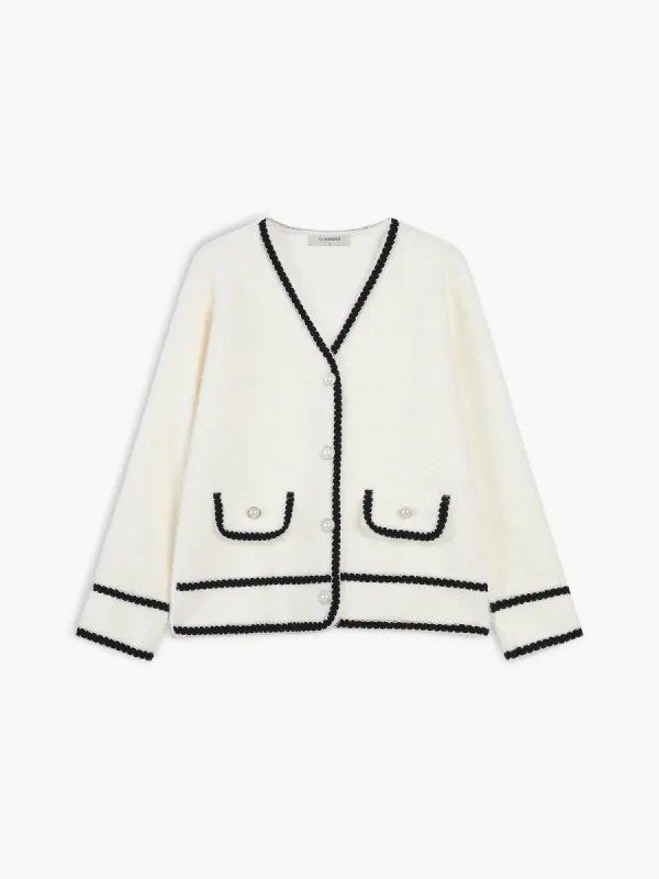 Contrast Trim Pearl Button Double Pockets Cardigan sold by COMMENSE