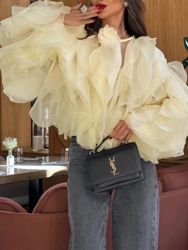 Semi-sheer Chiffon Ruffled Crew Neck Blouse sold by COMMENSE