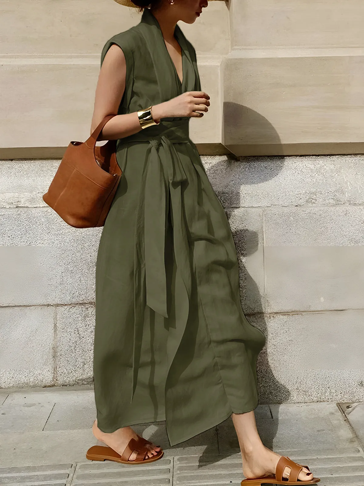 Cotton & Linen Belted Sleeveless Long Dress sold by COMMENSE product image thumbnail 4
