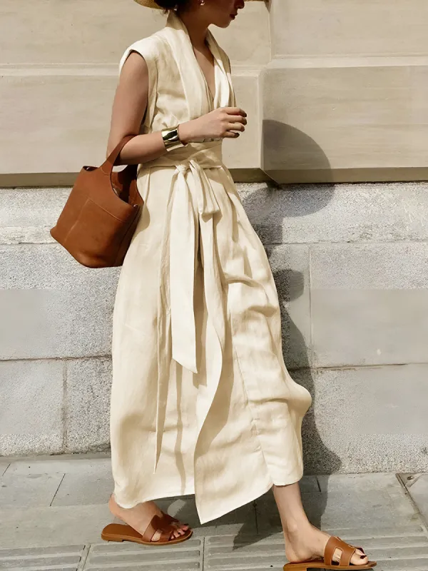 Cotton & Linen Belted Sleeveless Long Dress sold by COMMENSE