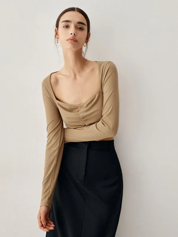 Square Neck Long Sleeve Ruched Crop Top sold by COMMENSE