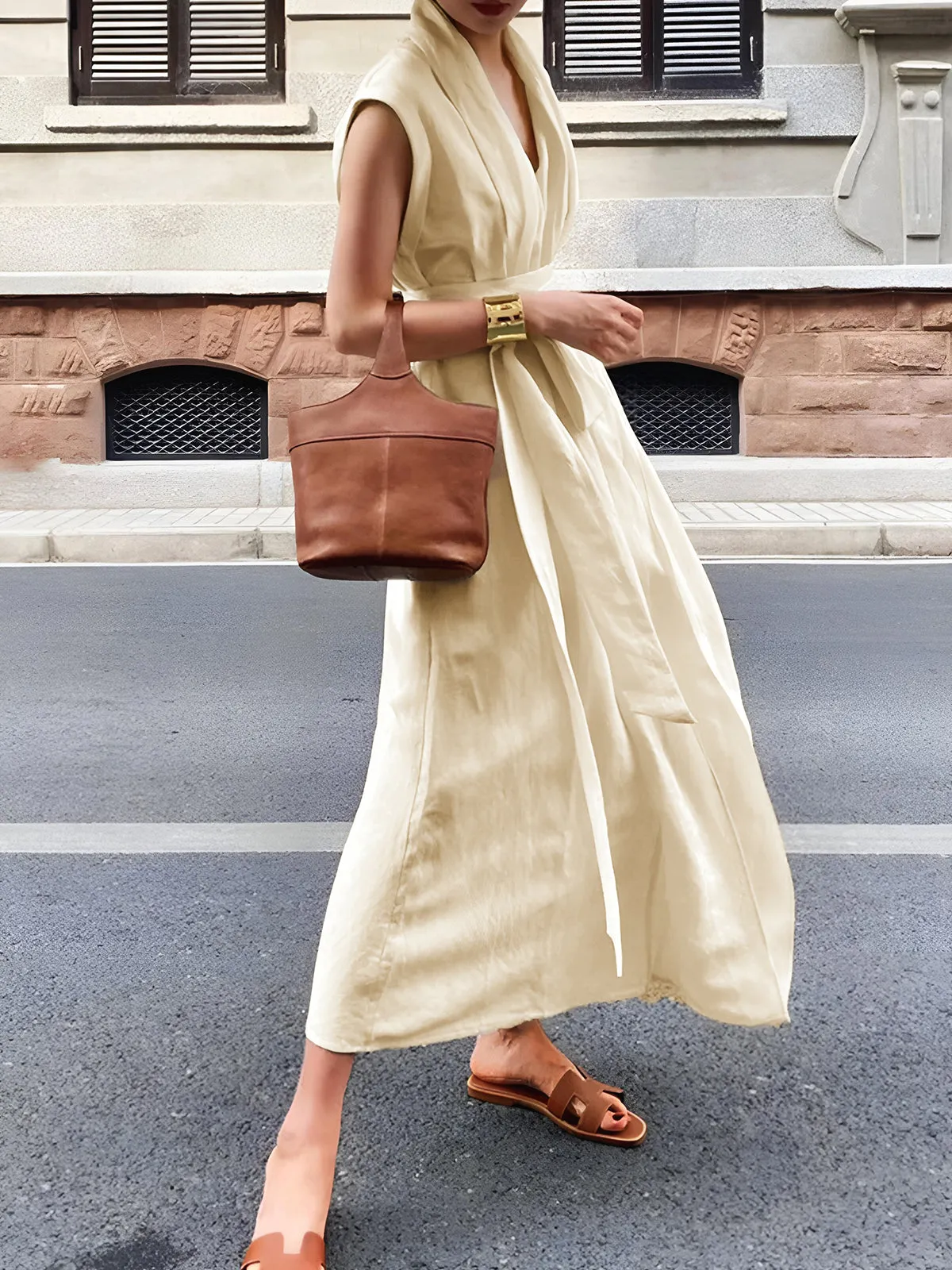 Cotton & Linen Belted Sleeveless Long Dress sold by COMMENSE product image thumbnail 3