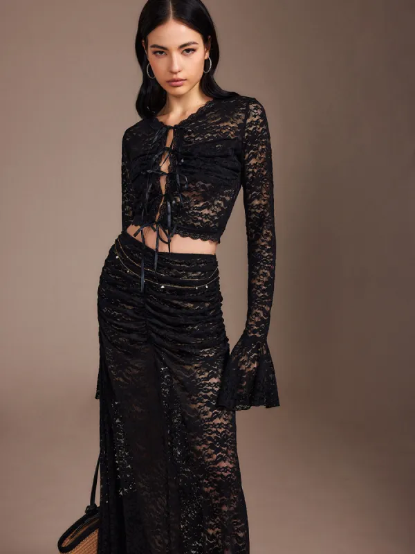 Lace Sheer Pleated Maxi Skirt Set sold by COMMENSE