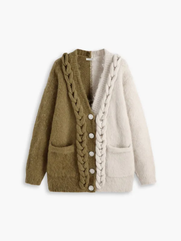 Two Tone Patchwork Cabel Knit Cardigan sold by COMMENSE