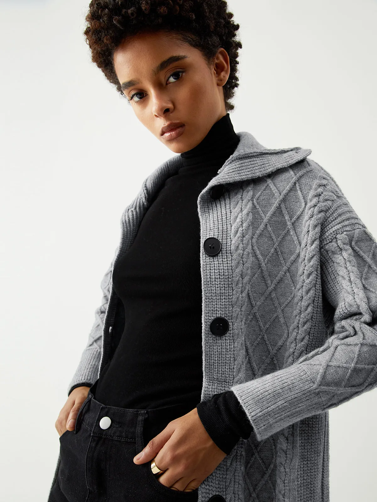 Charcoal Cable Knit Open Collar Longline Cardigan sold by COMMENSE product image thumbnail 4