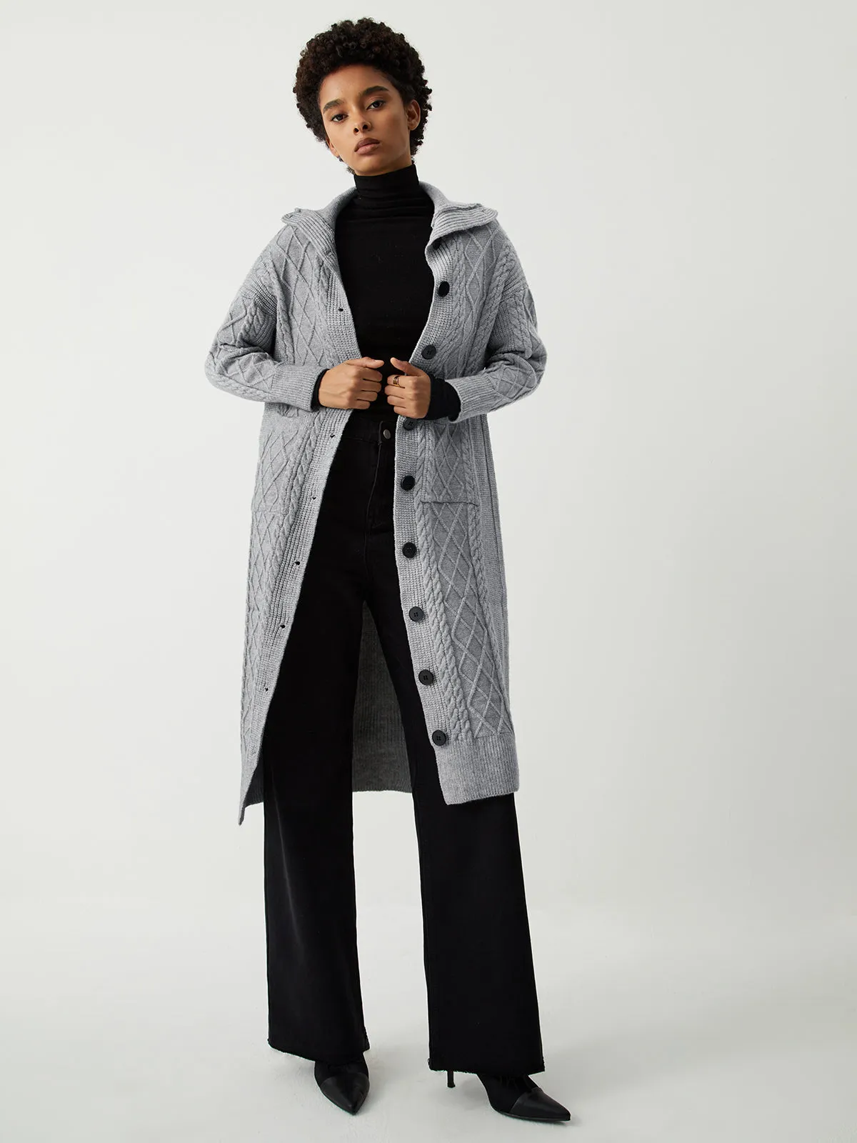 Charcoal Cable Knit Open Collar Longline Cardigan sold by COMMENSE