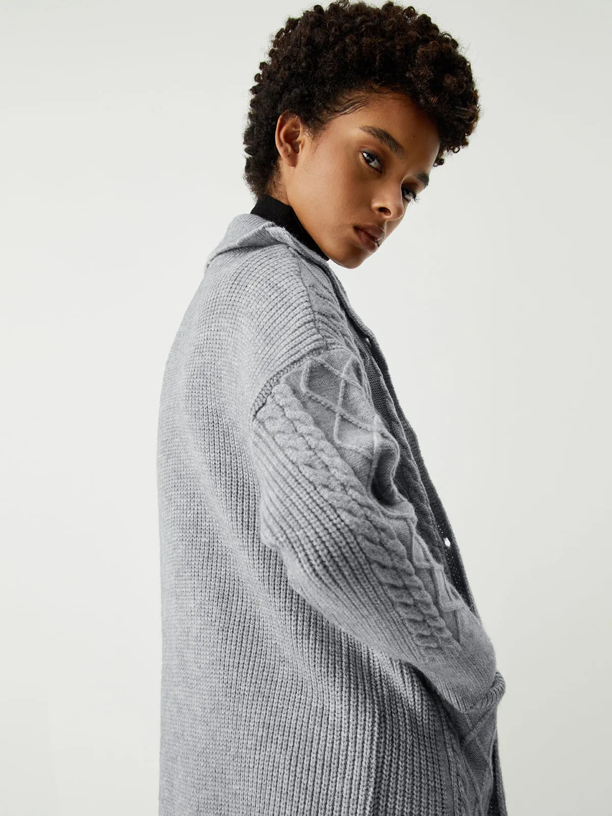 Charcoal Cable Knit Open Collar Longline Cardigan sold by COMMENSE product image thumbnail 5