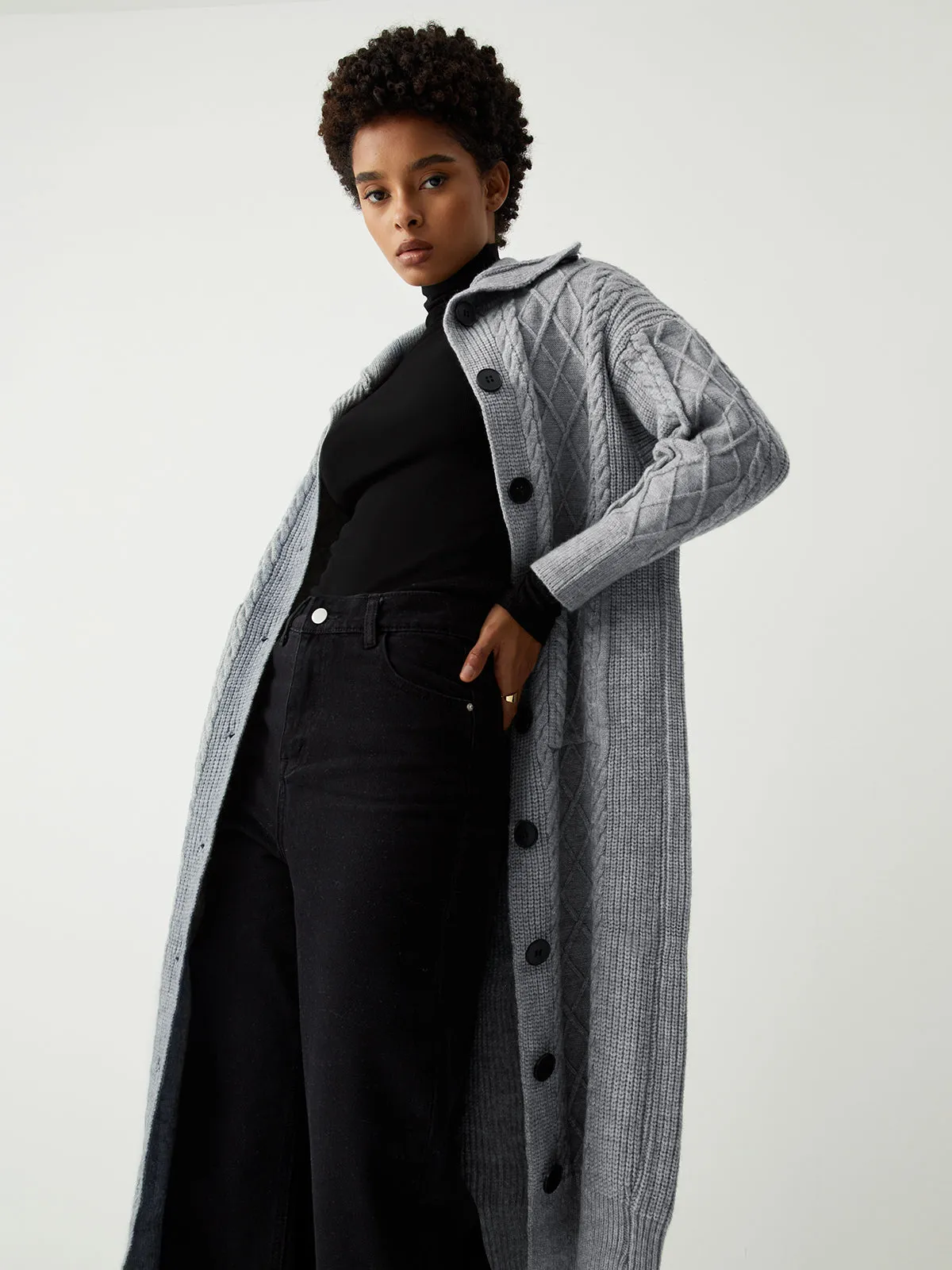 Charcoal Cable Knit Open Collar Longline Cardigan sold by COMMENSE product image thumbnail 2