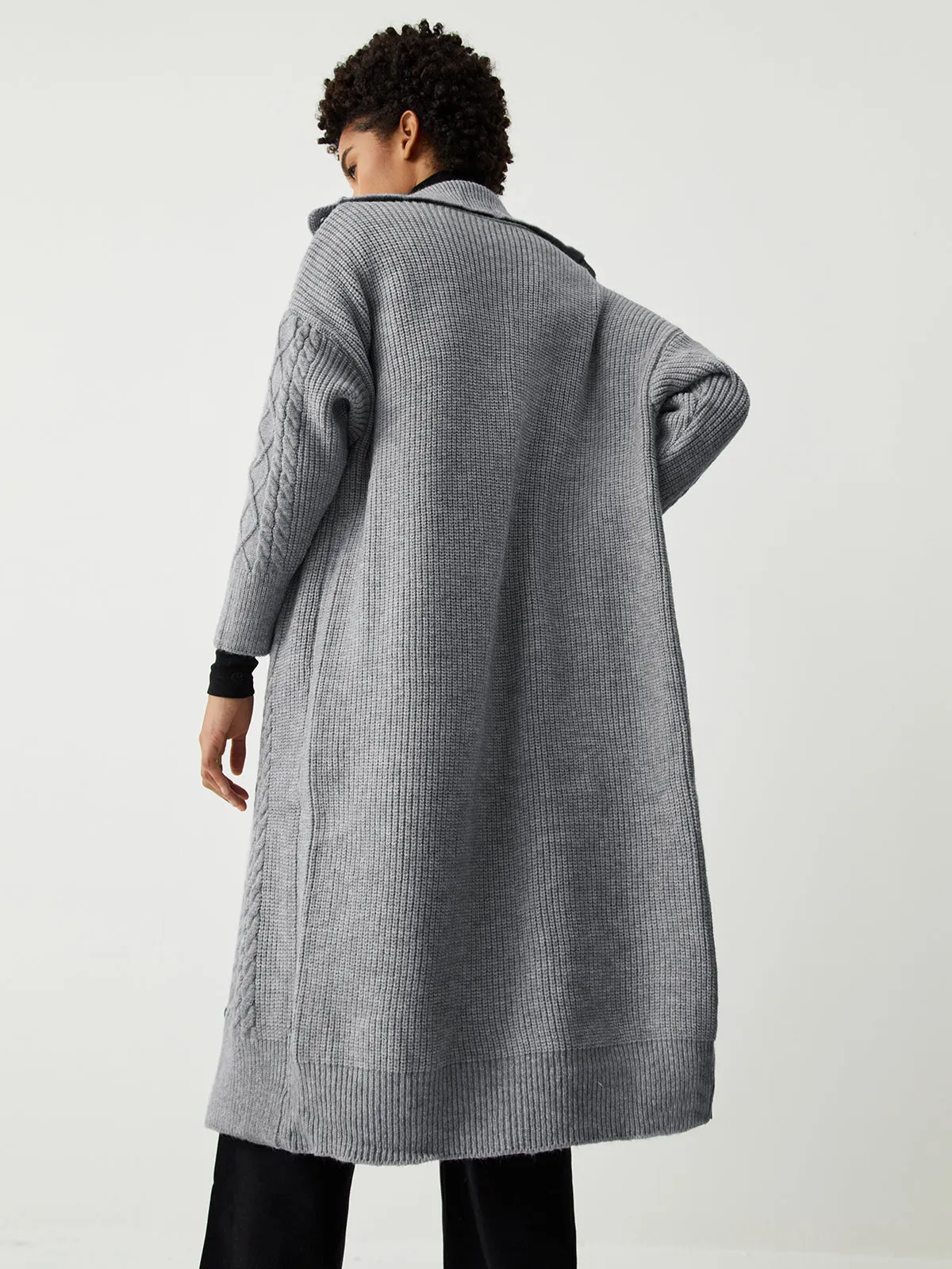 Charcoal Cable Knit Open Collar Longline Cardigan sold by COMMENSE product image thumbnail 3