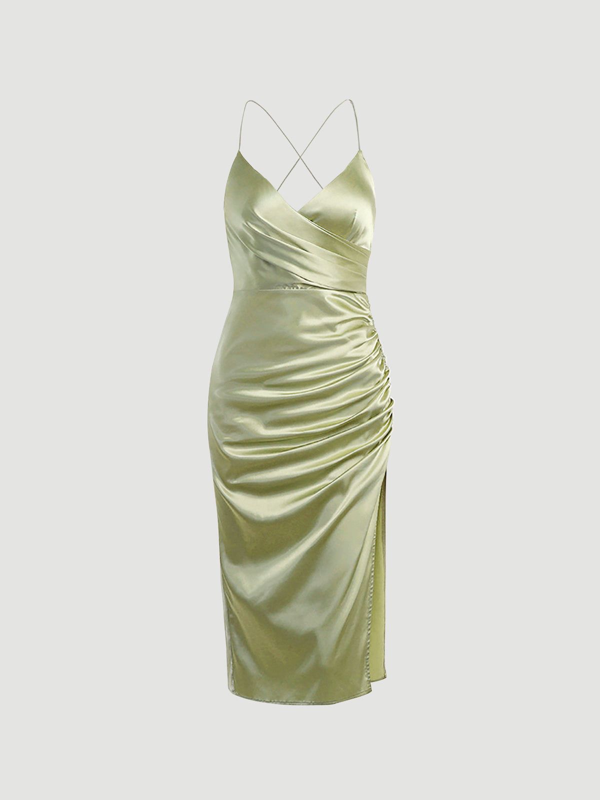 Ruched Wrap Satin Slit Strap Midi Dress sold by COMMENSE product image thumbnail 5
