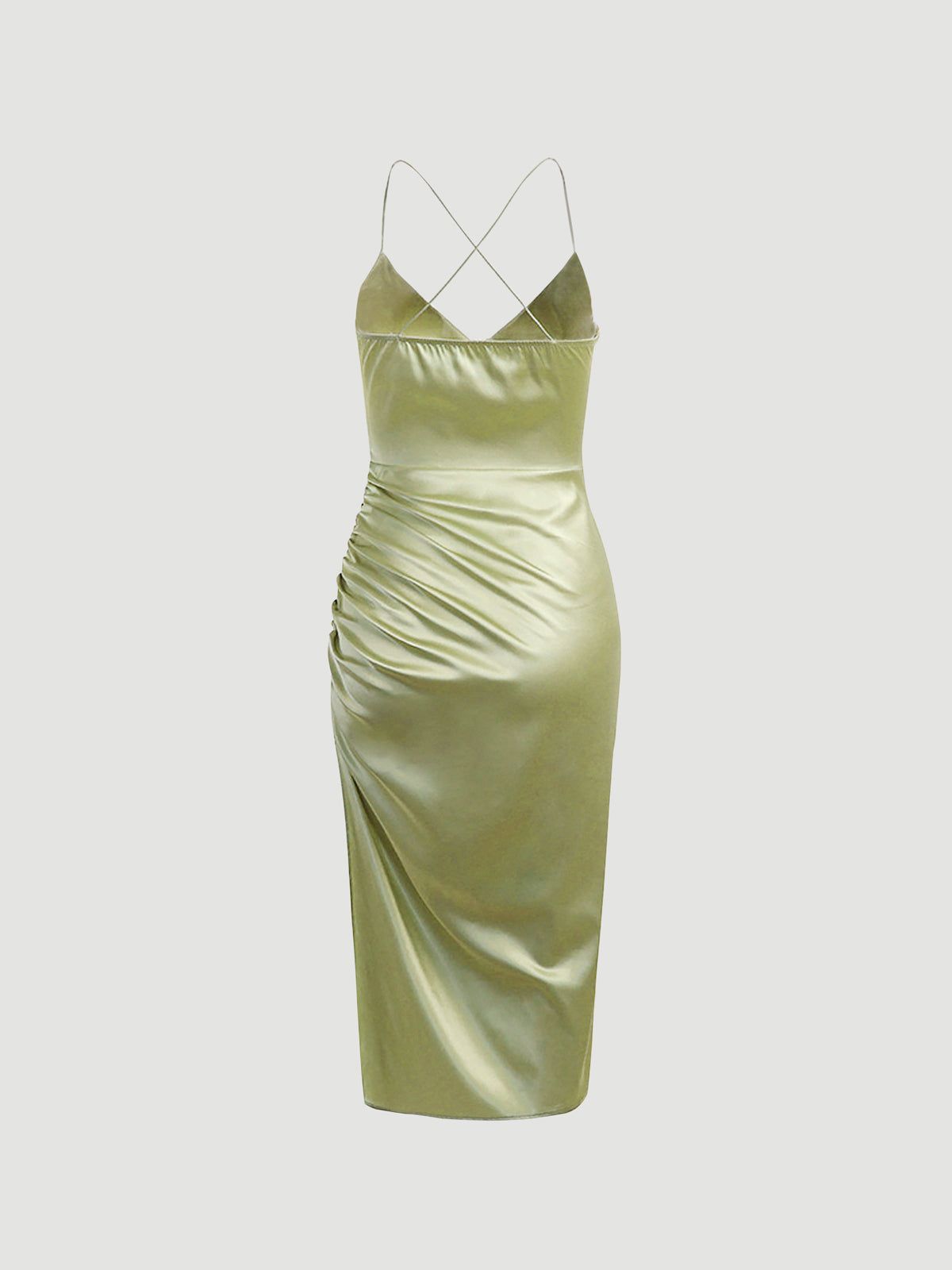 Ruched Wrap Satin Slit Strap Midi Dress sold by COMMENSE product image thumbnail 3