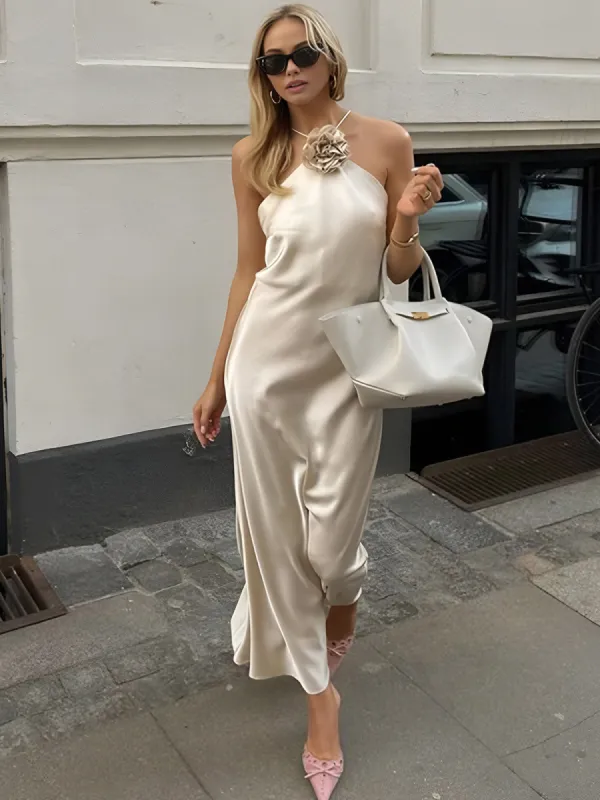Satin Rosette Decor Halter Midi Dress sold by COMMENSE