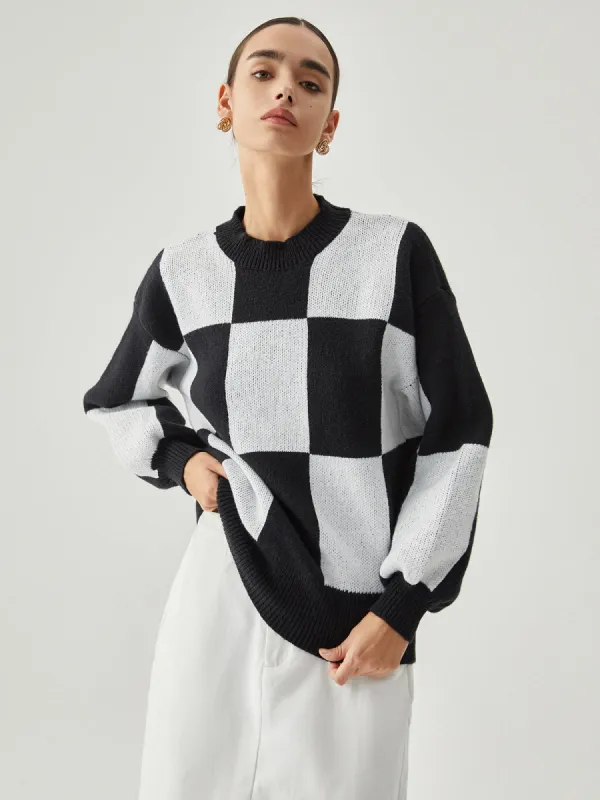 Checkered Contrast Color Crew Neck Sweater sold by COMMENSE