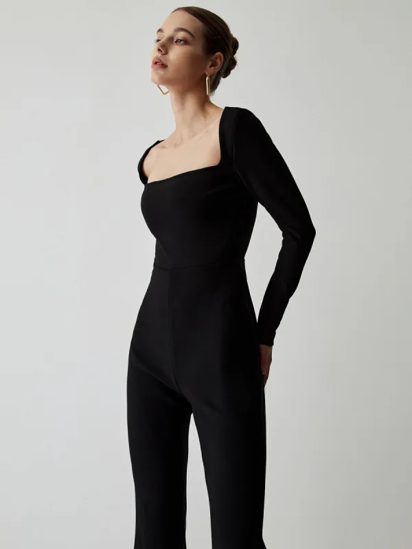 Square Neck Long Sleeve Flare Jumpsuit sold by COMMENSE