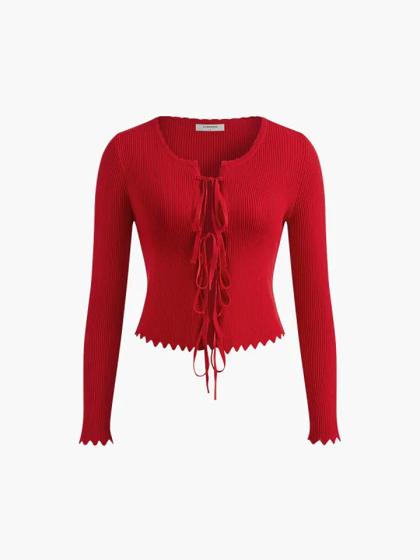 Wave Trim Lace Up Cardigan sold by COMMENSE