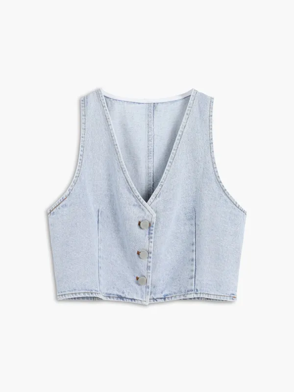 Button Down Denim Crop Vest sold by COMMENSE