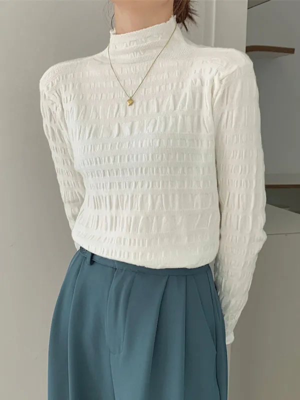Pleat Mock Neck Long Sleeve Knit Top sold by COMMENSE