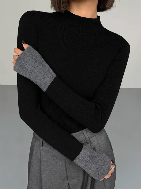 Long Sleeve Contrast Cuff Knit Top sold by COMMENSE
