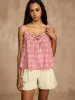 Plaid Shirred Lace Up Blouse sold by COMMENSE
